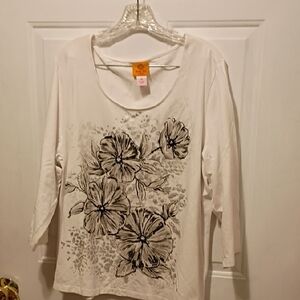 Ruby Rd. White Long Sleeve Top with Black Floral Design